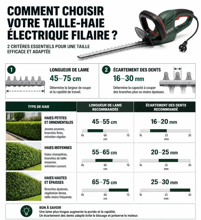 Infographie comparative des caractéristiques techniques pour choisir un taille-haie électrique filaire