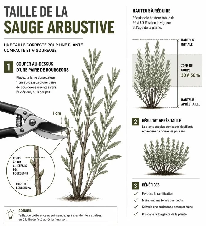 Schéma illustrant la technique de taille des sauges arbustives pour optimiser la floraison