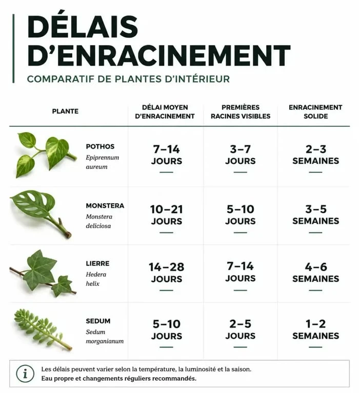 Infographie sur le temps de bouturage dans l'eau pour différentes plantes d'intérieur
