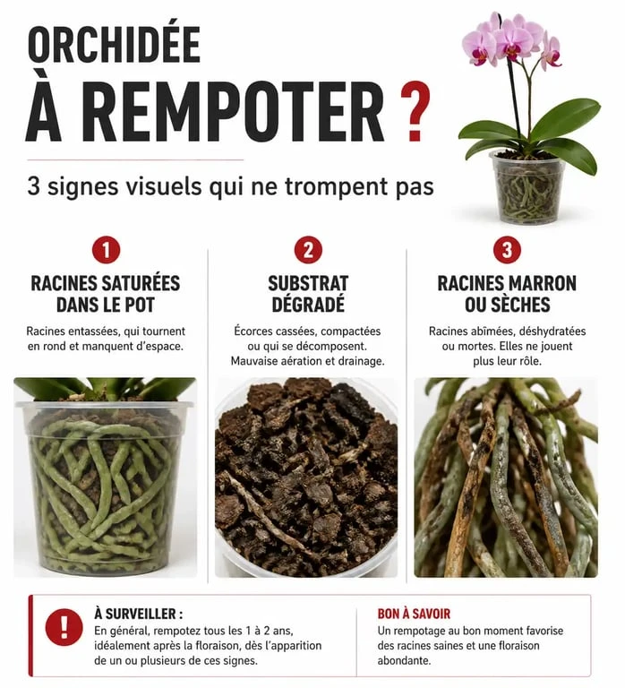 Signes visuels indiquant qu'il est temps de rempoter une orchidée