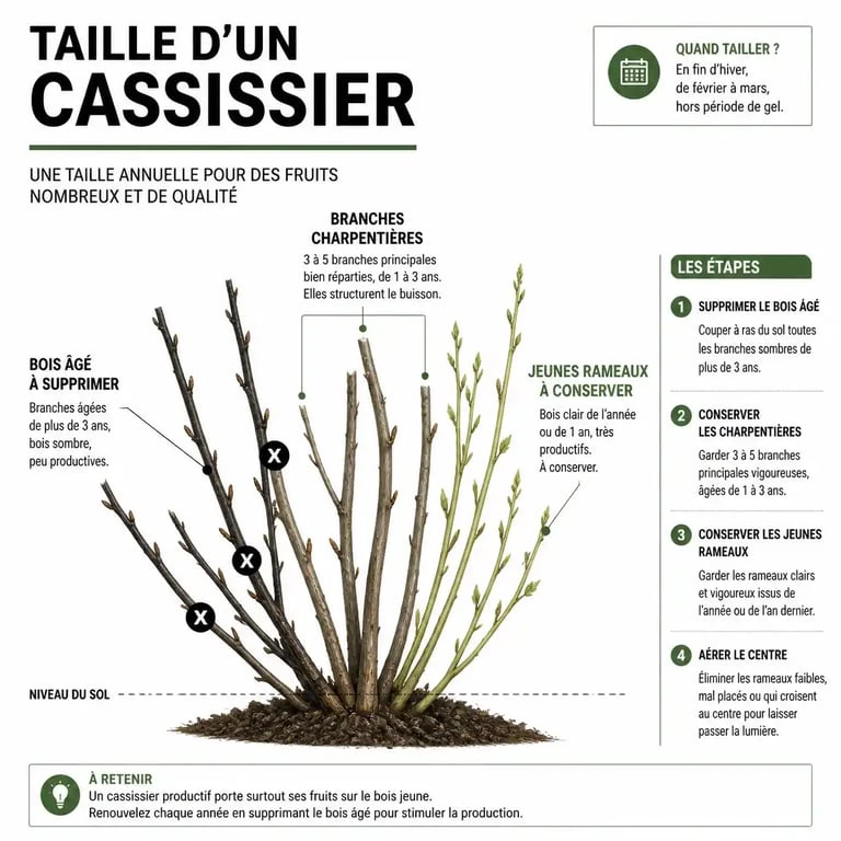Schéma explicatif pour savoir quand tailler les cassissiers et identifier le vieux bois