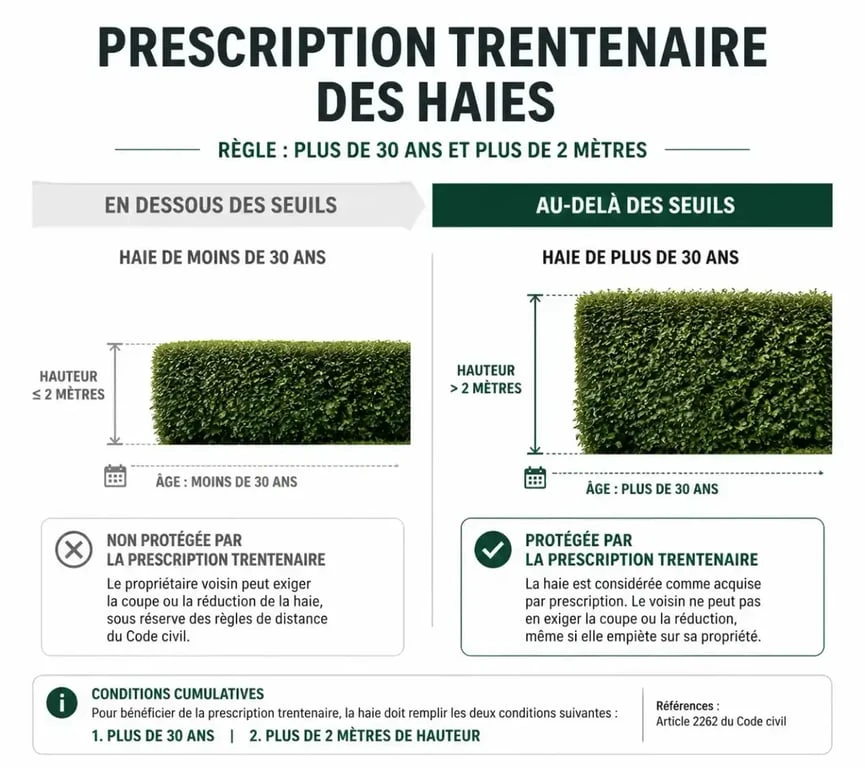 Schéma explicatif de la hauteur d'une haie de plus de 30 ans et de la prescription trentenaire