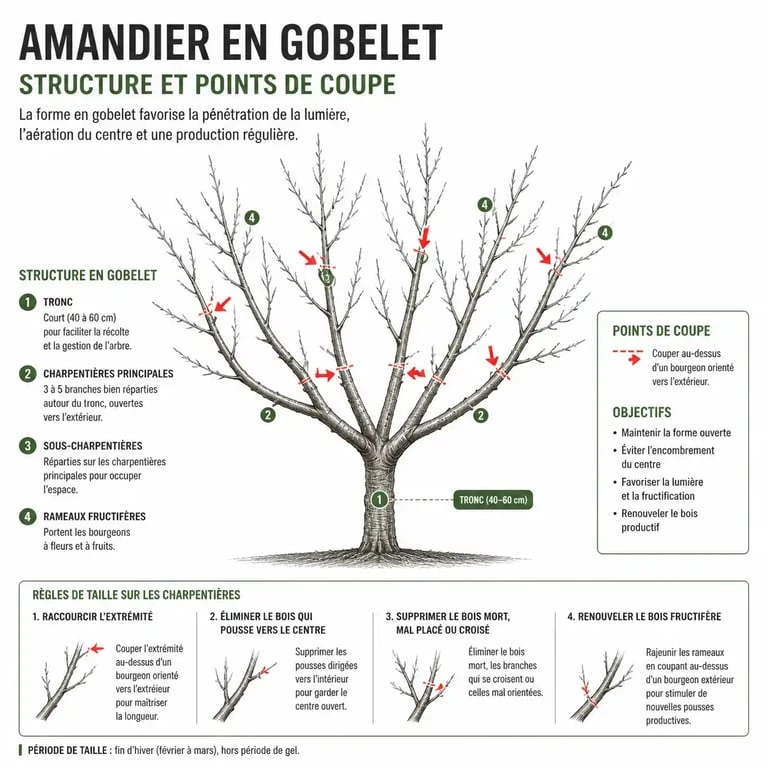 Schéma de la taille de formation en gobelet pour un amandier