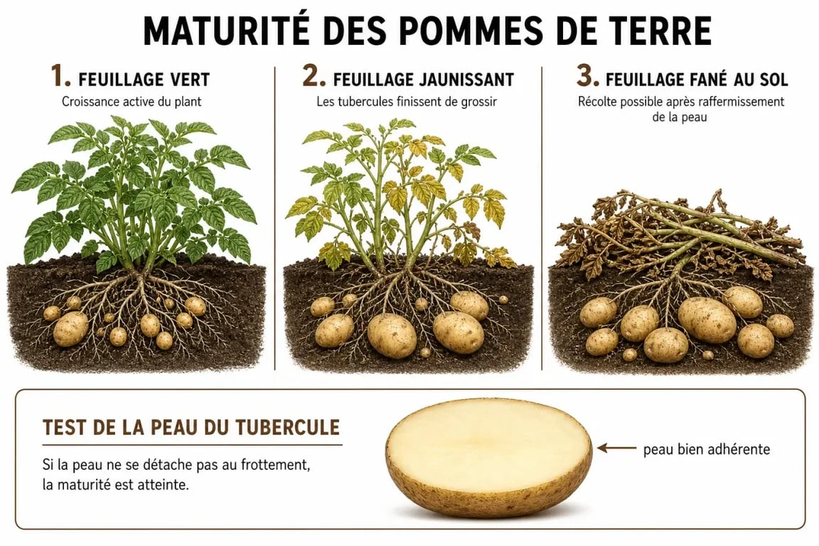 Infographie illustrant les signes de maturité pour savoir quand récolter les pommes de terre