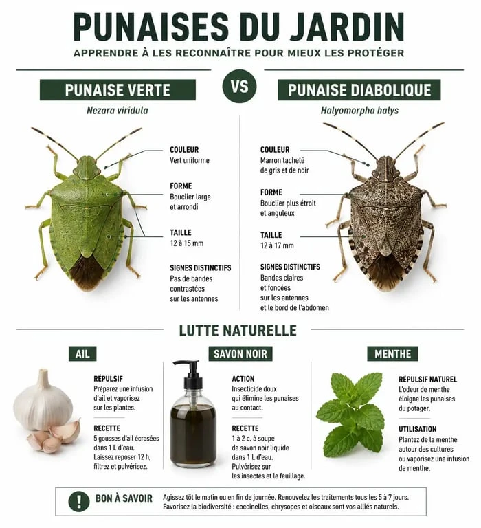 Infographie comparative pour l'identification et le traitement naturel des punaises de jardin