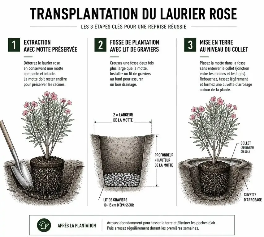 Étapes de transplantation d'un laurier rose en pleine terre : préparation et mise en place