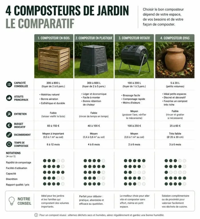 Infographie comparative des différents modèles de composteur jardin pour choisir le plus adapté