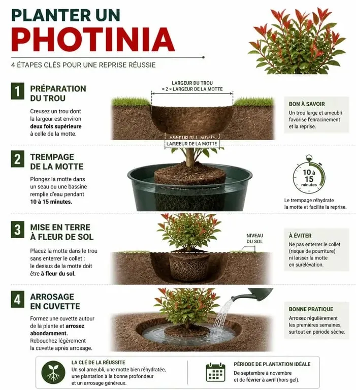 Infographie des étapes de plantation du photinia pour une haie réussie