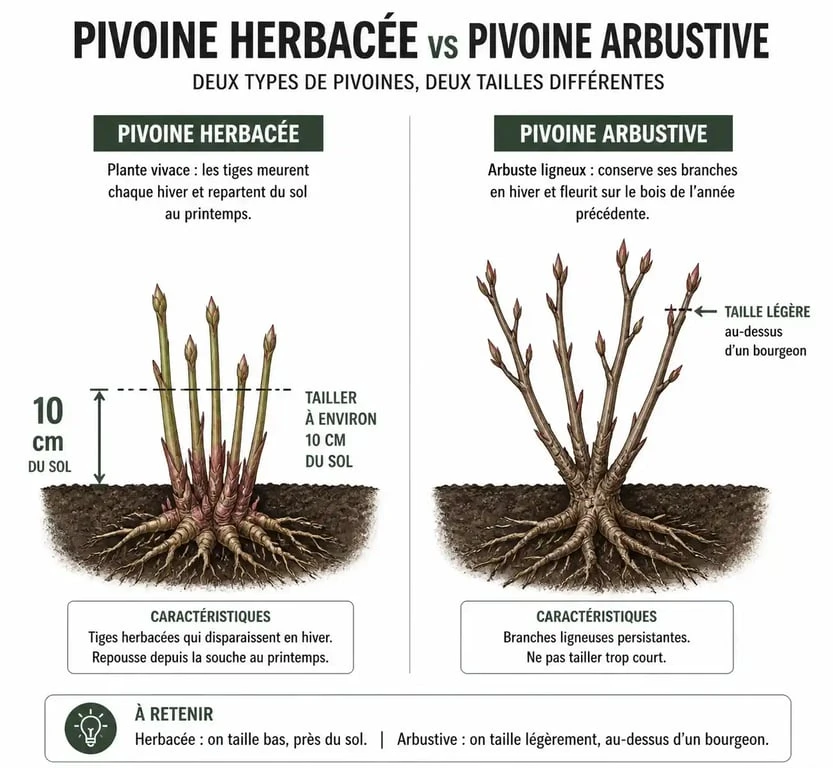 Schéma explicatif sur quand et comment tailler les pivoines herbacées et arbustives