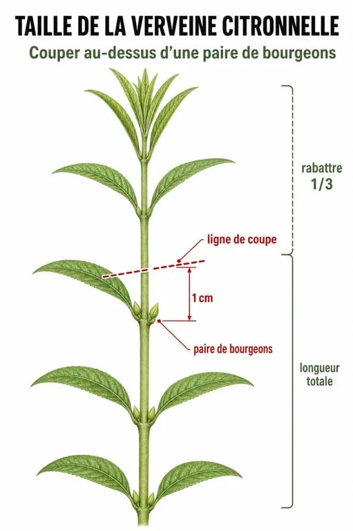 Schéma technique expliquant comment tailler la verveine citronnelle pour une repousse vigoureuse