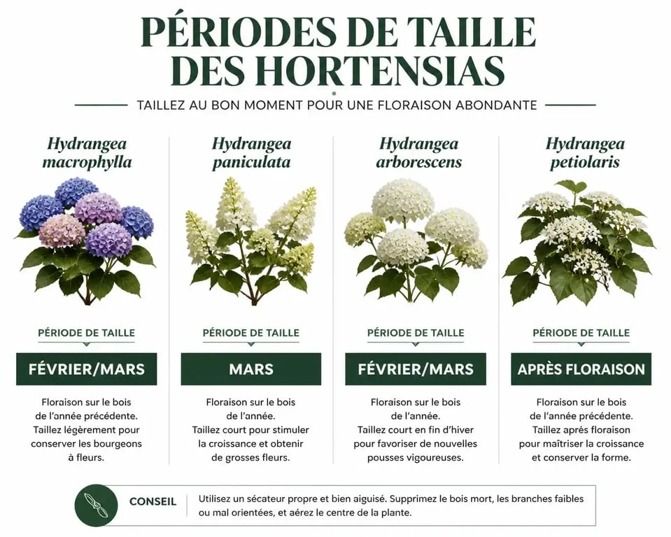 Infographie des périodes de taille des hortensias par variété pour réussir la floraison