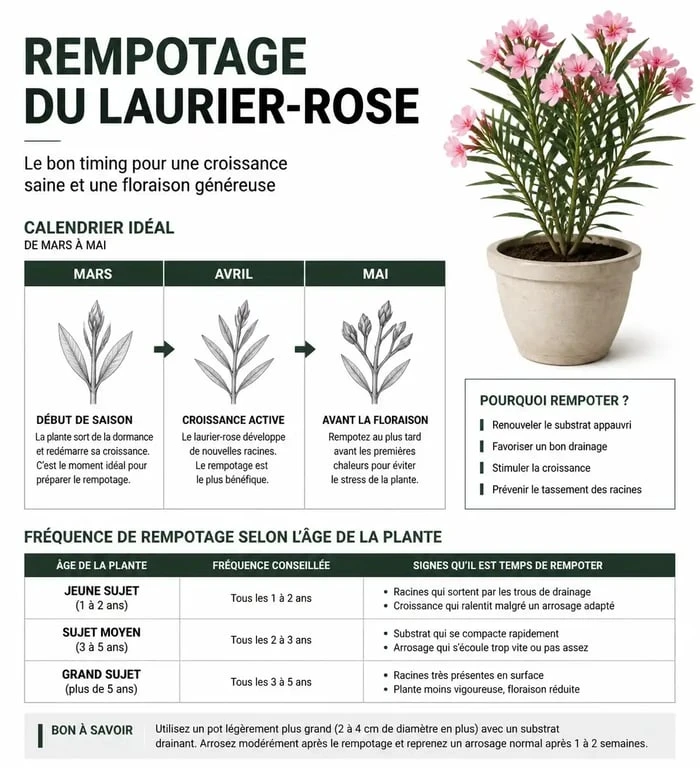 Infographie sur le calendrier et la fréquence de rempotage du laurier rose