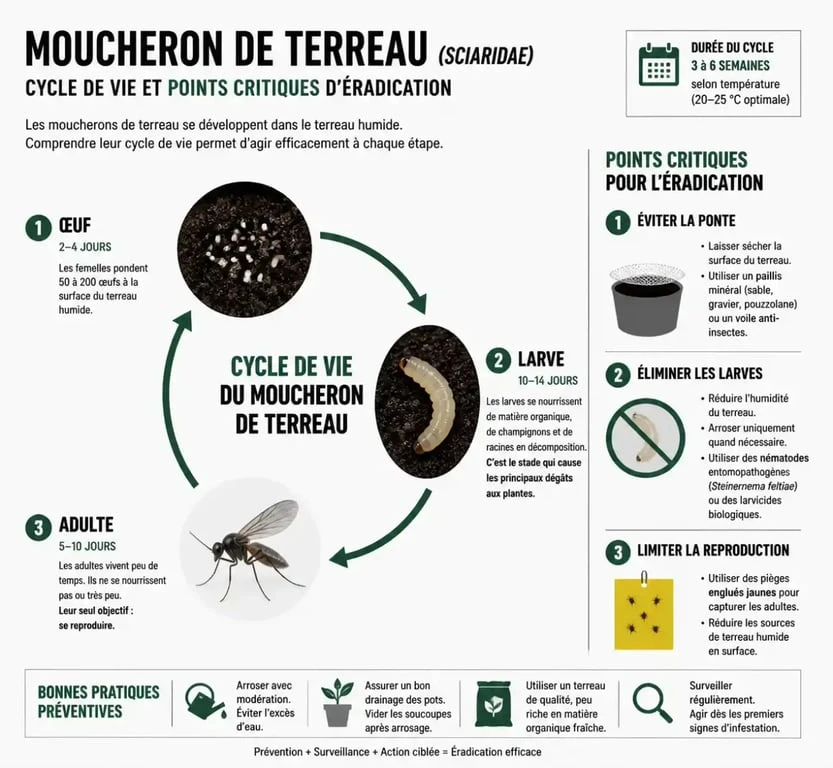 Cycle de vie du moucheron de terreau pour comprendre comment tuer les larves de moucherons efficacement.