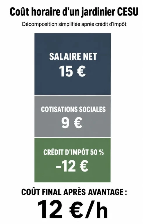 Décomposition du coût horaire d'un jardinier CESU avec crédit d'impôt