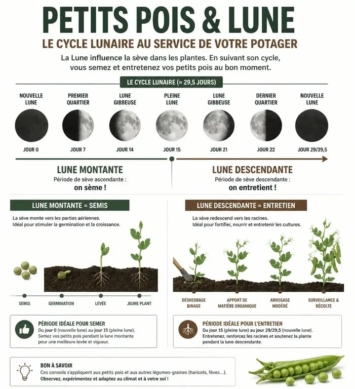 Infographie sur le calendrier lunaire pour le semis des petits pois au potager
