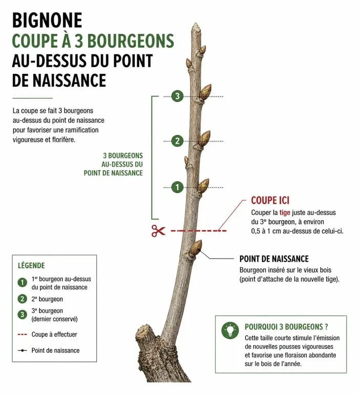 Schéma explicatif de la taille de la bignone : méthode des 3 bourgeons pour favoriser la floraison