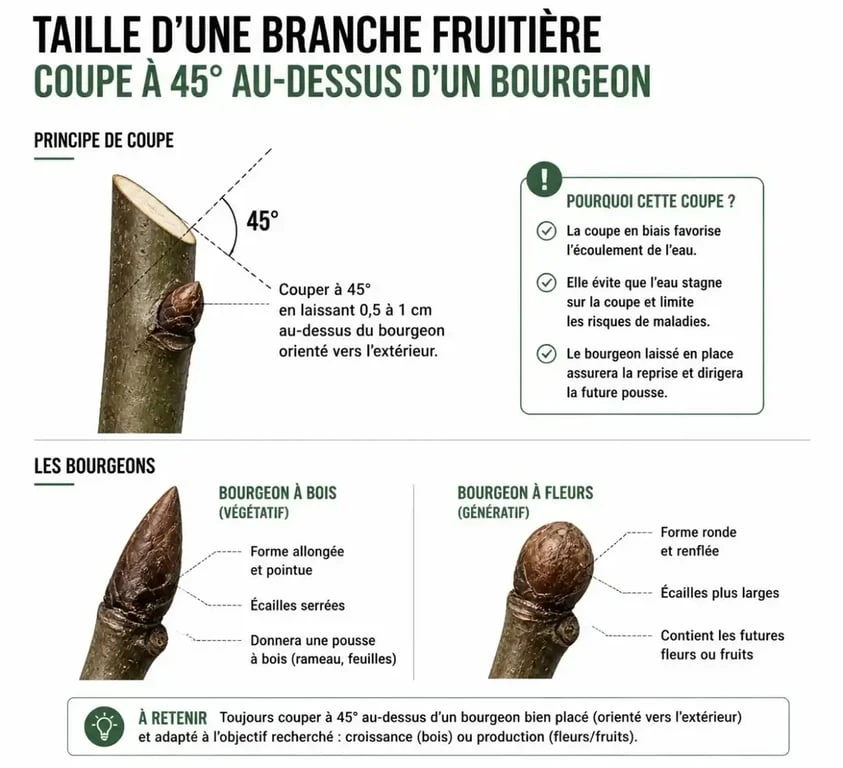 Schéma technique illustrant la taille des arbres fruitiers : angle de coupe et identification des bourgeons