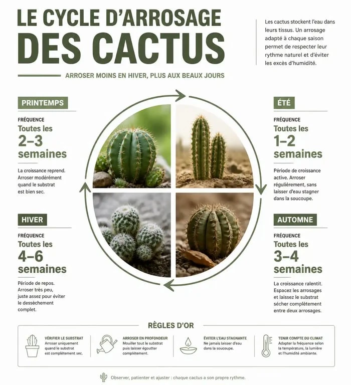 Infographie sur la fréquence d'arrosage des cactus selon les saisons pour un entretien optimal