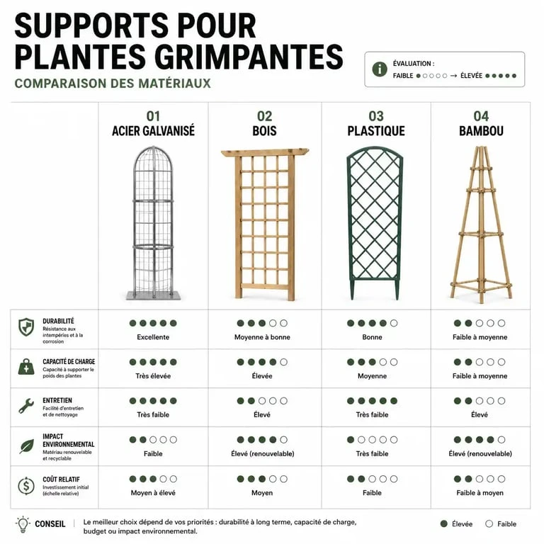 Comparatif des matériaux pour support plante grimpante : acier, bois, plastique et bambou
