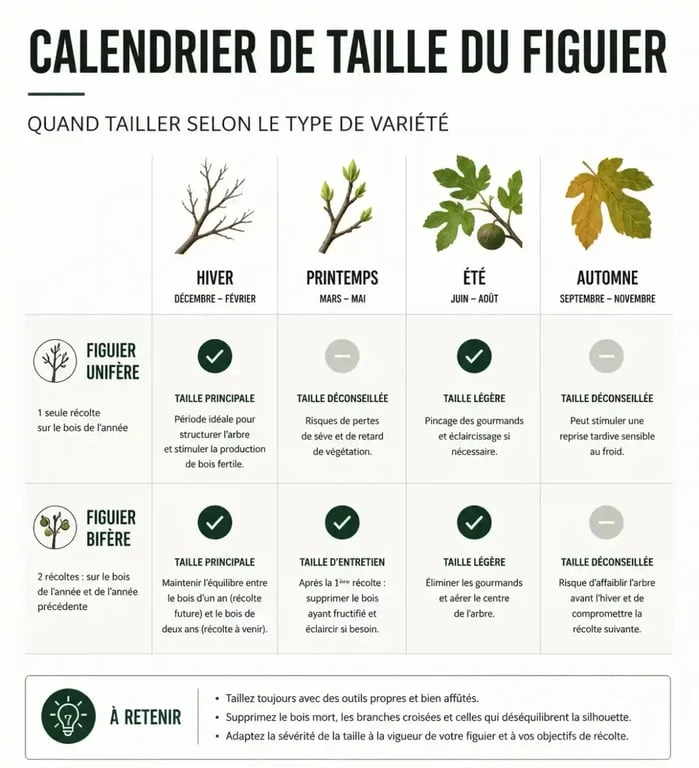 Calendrier de taille du figuier : périodes recommandées pour les variétés unifères et bifères.