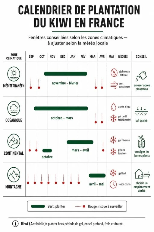 Calendrier de plantation du kiwi par zone géographique en France