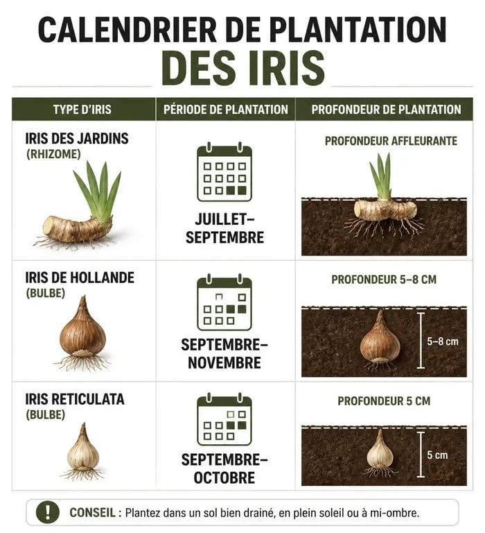 Calendrier de plantation des iris : périodes et profondeurs recommandées pour les rhizomes et bulbes