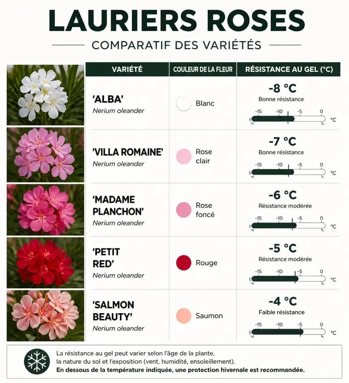 Tableau comparatif des variétés de lauriers roses et leur rusticité pour une plantation réussie en pleine terre
