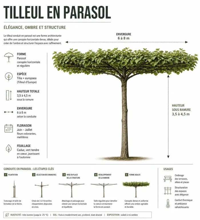 Schéma explicatif d'un tilleul taillé en parasol avec un plateau horizontal bien défini