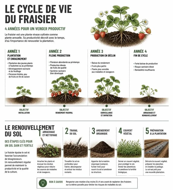 Infographie sur le cycle de vie et le renouvellement des vieux fraisiers au potager