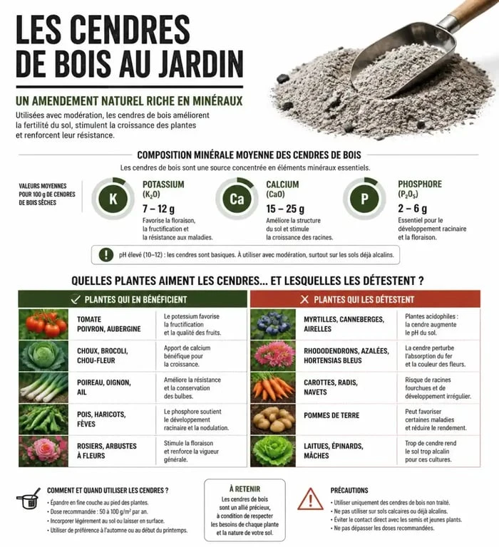 Infographie sur l'utilisation des cendres de bois au jardin et leurs effets sur les plantes