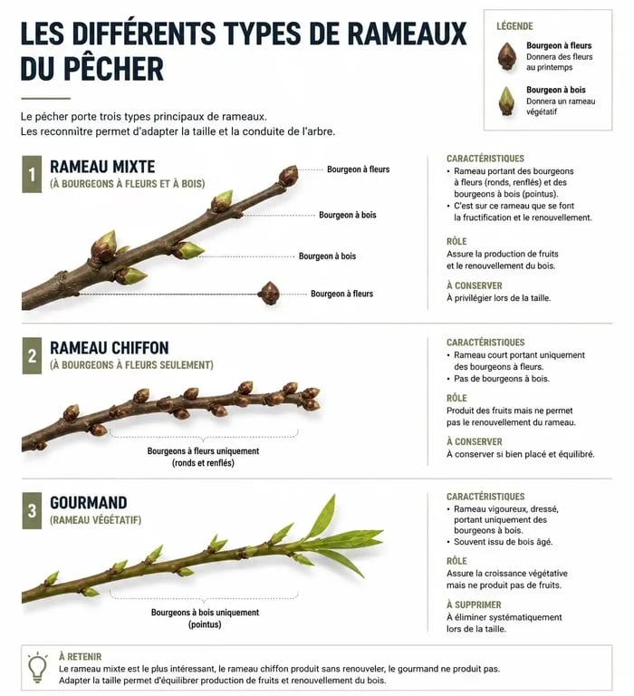 Schéma explicatif des différents types de rameaux pour la taille du pêcher