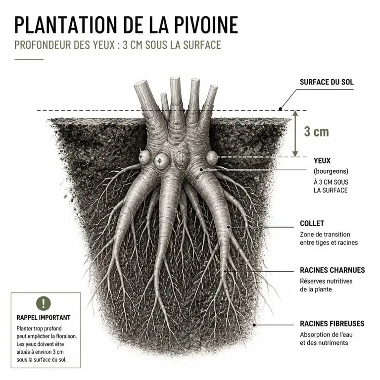 Schéma technique illustrant la profondeur de plantation idéale des pivoines à 3 cm sous la surface du sol