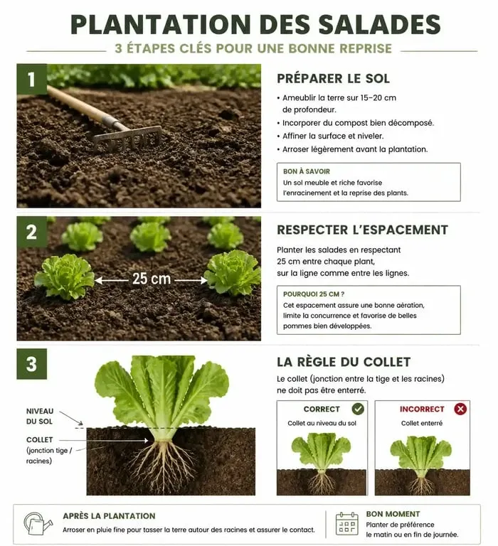 Infographie illustrant les étapes et conseils pour savoir quand planter des salades au potager