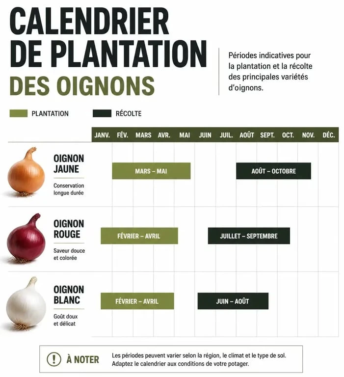 Calendrier de plantation des oignons : périodes idéales pour planter les oignons jaunes, rouges et blancs au potager.