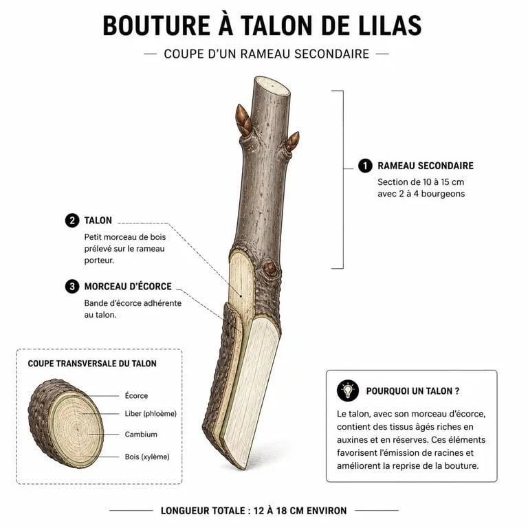 Schéma explicatif de la technique de bouture à talon pour multiplier le lilas