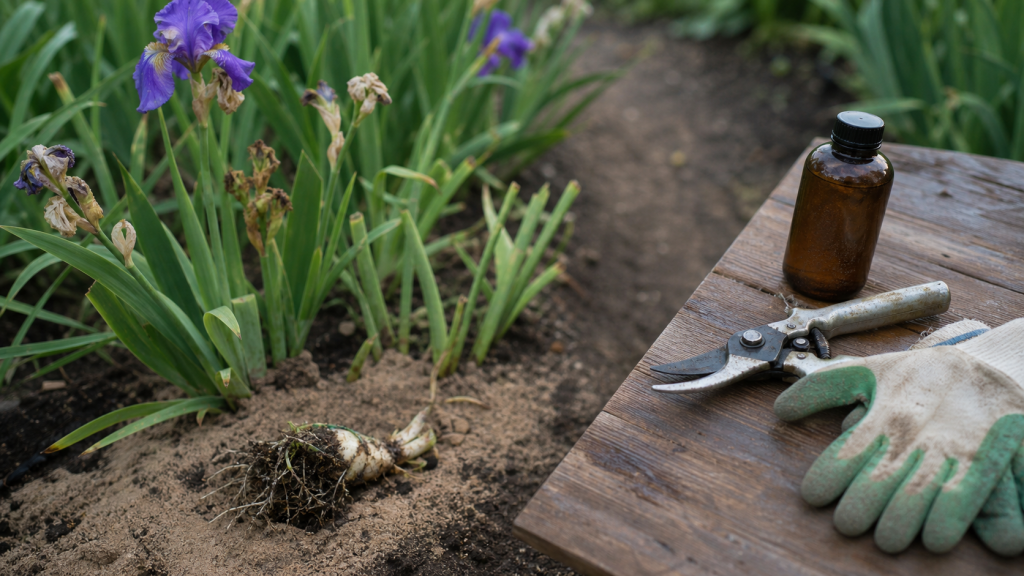 Iris quand les tailler : sécateur sur rhizome et fleurs fanées