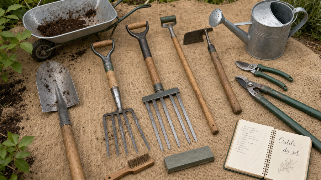 Outils de jardinage : liste avec photos des indispensables (bêche, grelinette, serfouette, sécateur)