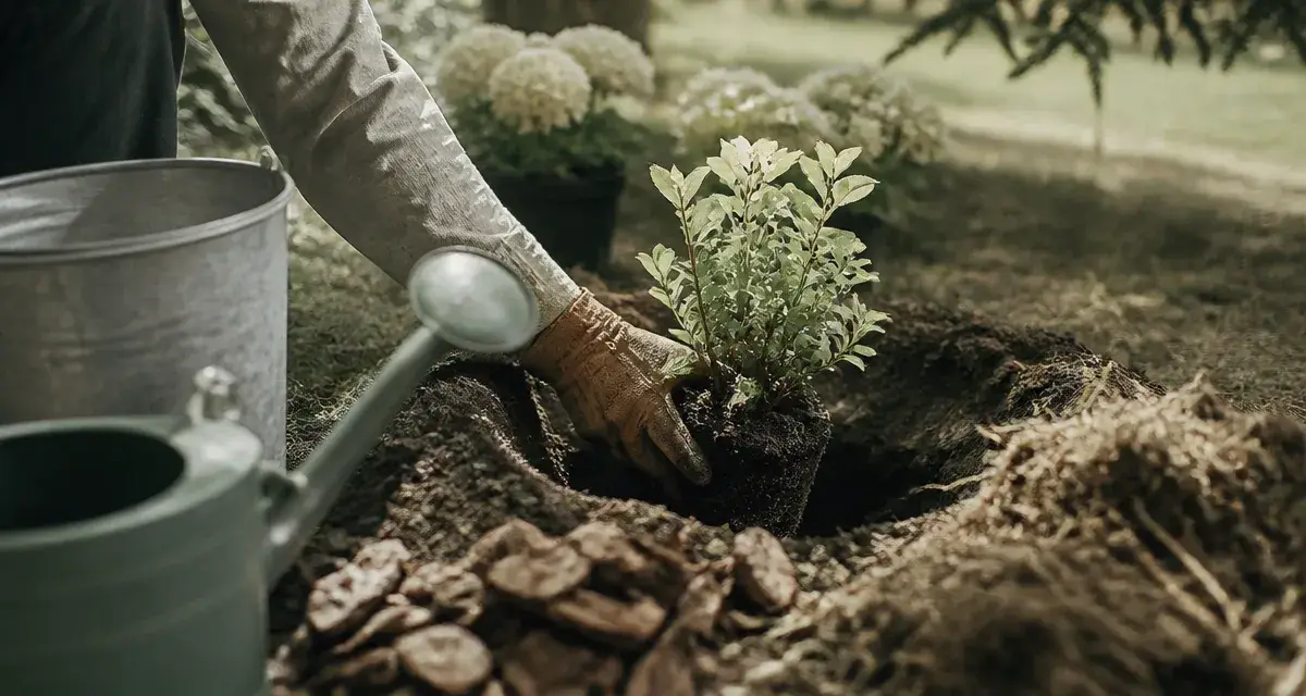 Quand planter des hortensias : main en gants plante une motte dans le sol