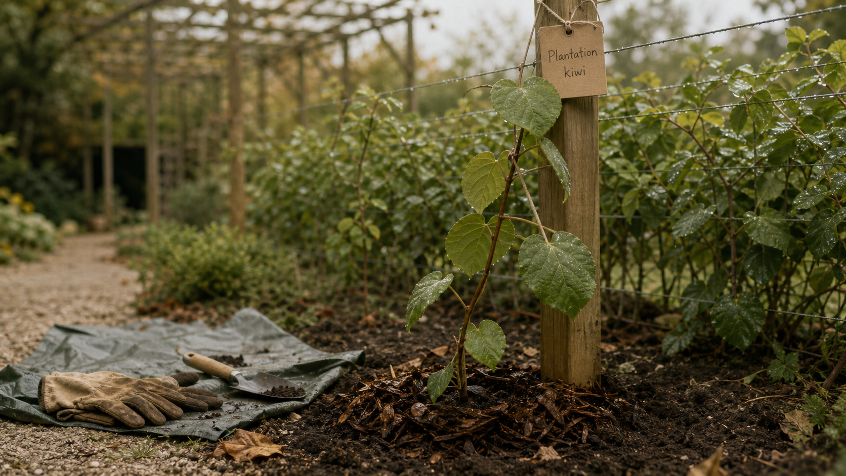 Quand planter kiwi : jeune liane en terre, plantation jardin