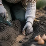 Quand planter les tulipes : jardinière dépose des bulbes dans la terre en septembre