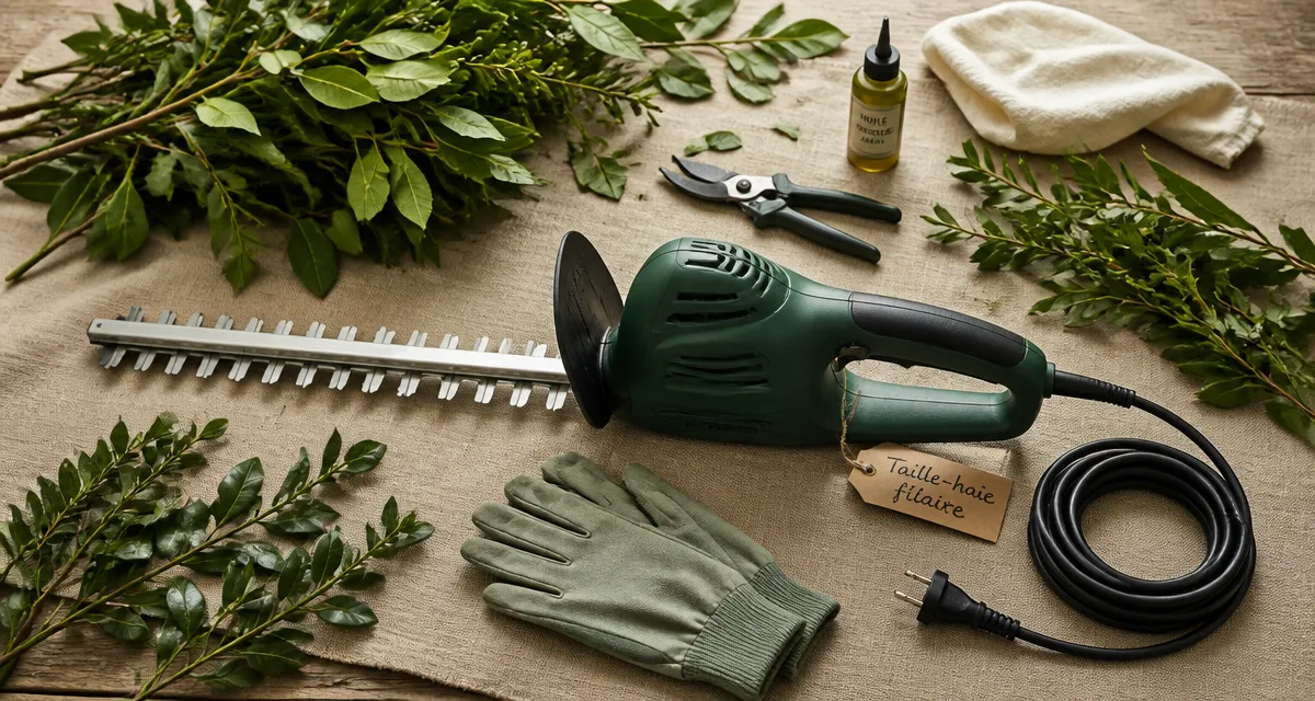 taille haie electrique filaire avec gants et branches coupées