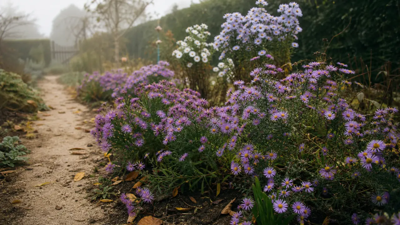Asters vivaces mauves et bleus, bordure de chemin