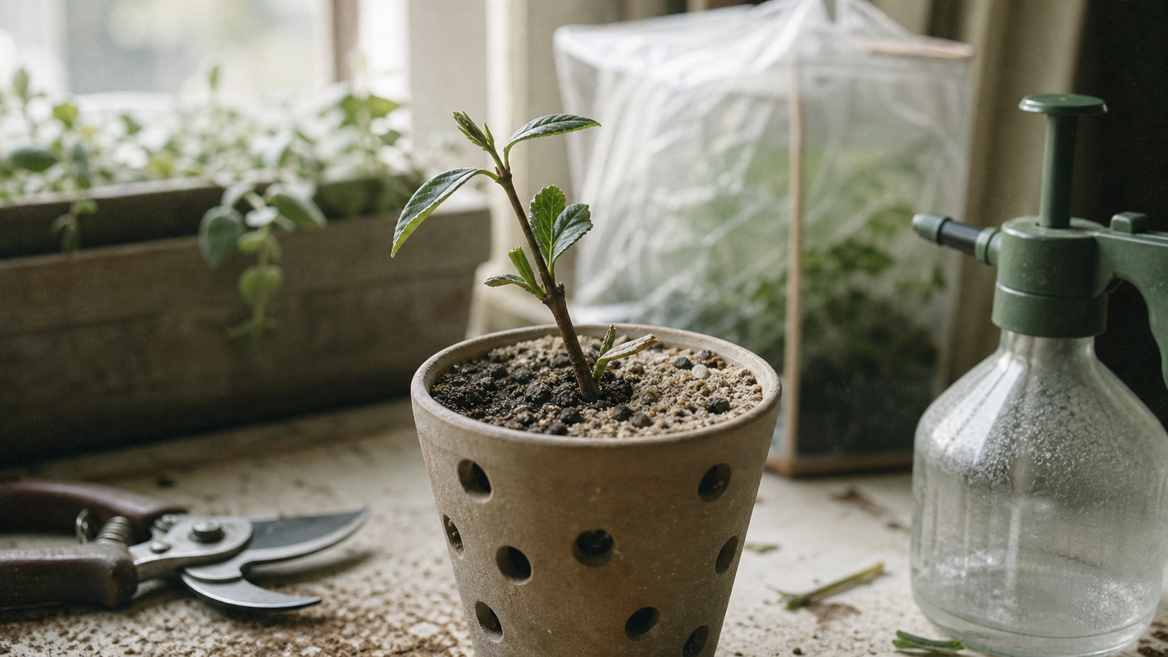 Bouturer un chevrefeuille : bouture semi-ligneuse de 10 à 15 cm en pot
