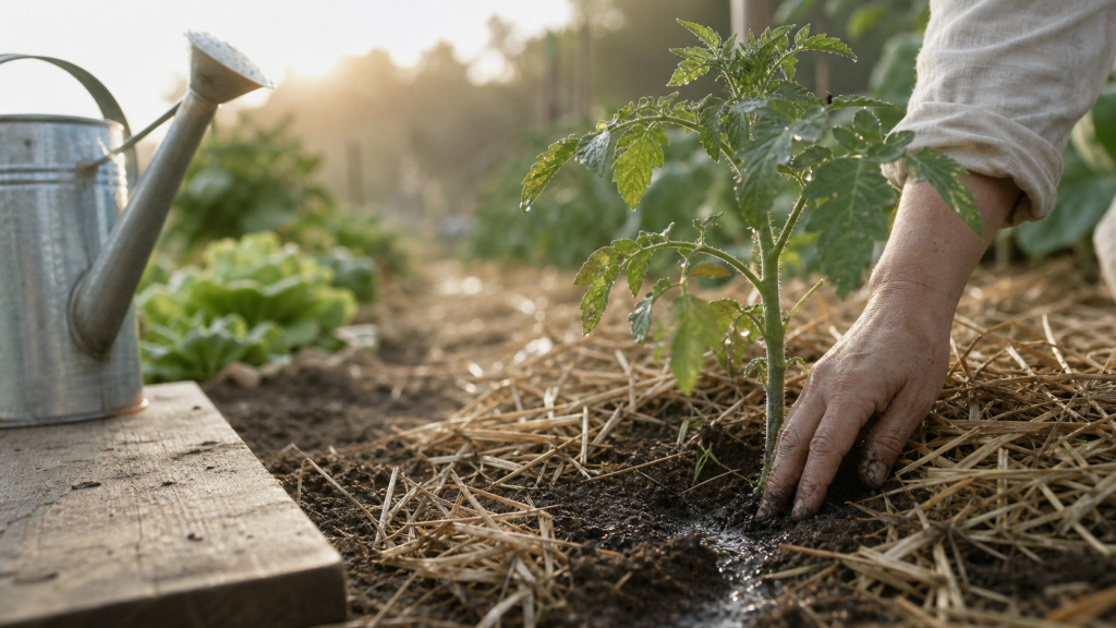 Comment bien arroser son potager : arrosage au pied le matin, 5-10 cm près des plants