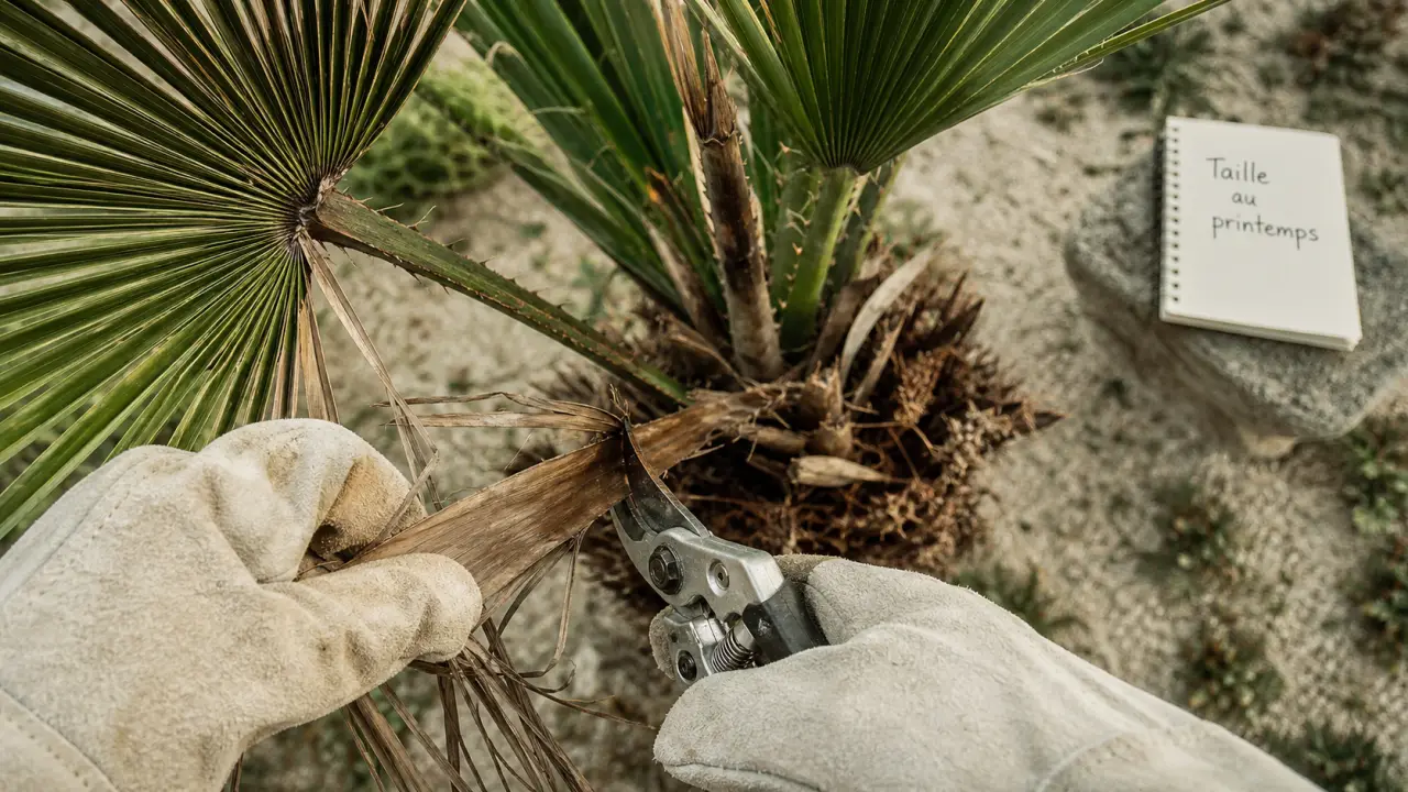 Comment tailler les palmiers au printemps : palme coupée sans toucher le bourgeon terminal
