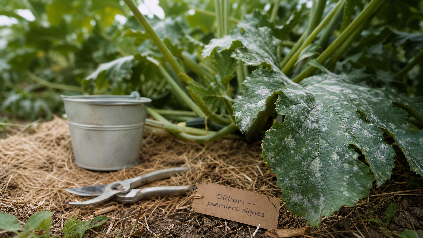 Courgette maladies : feuille blanche d’oïdium sur plant de courgette