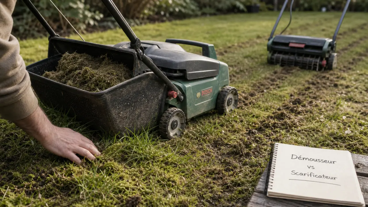 Démousseur ou scarificateur : pelouse avec mousse et feutre végétal