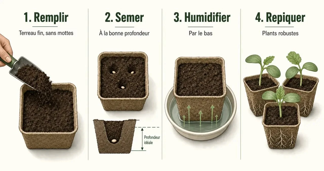 Réussir ses semis au potager : illustration des étapes de semis, arrosage et repiquage