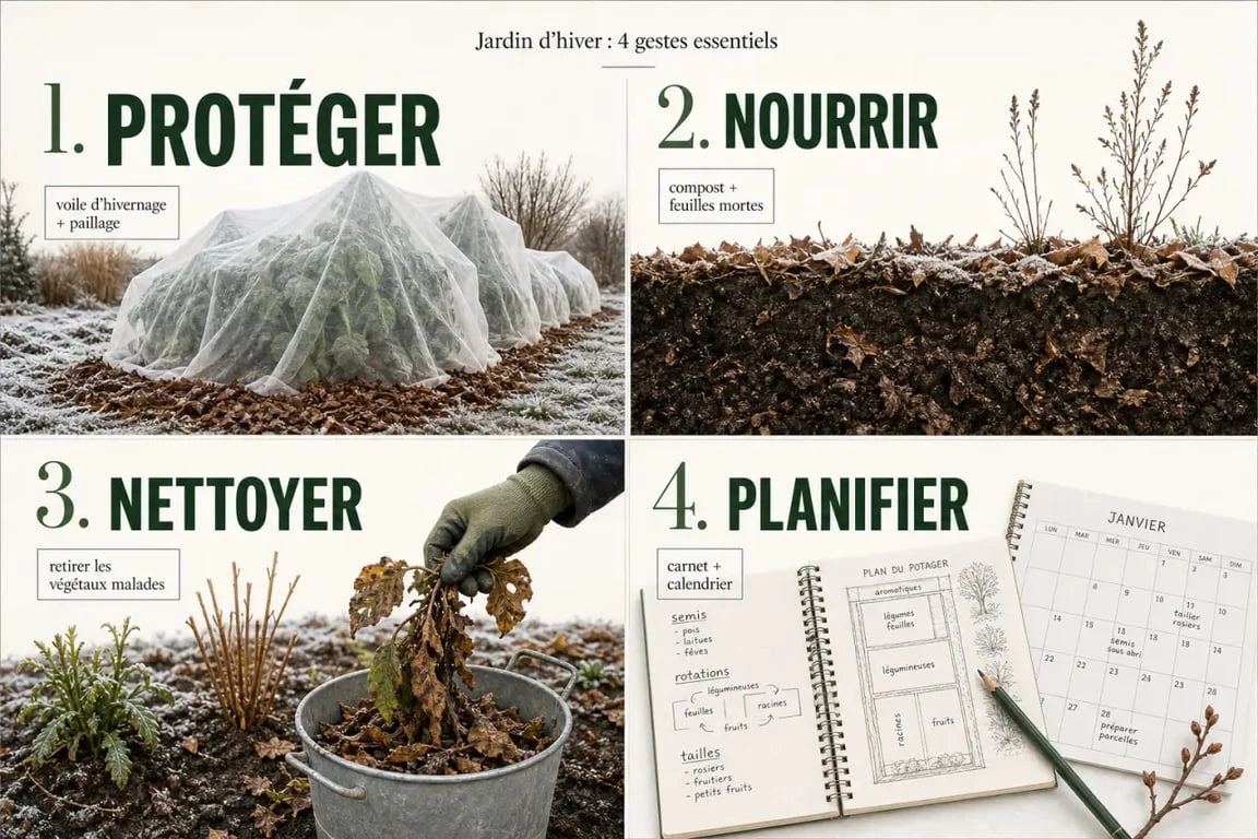 Que faire au jardin en hiver : illustration des gestes essentiels pour protéger, nourrir, nettoyer et planifier