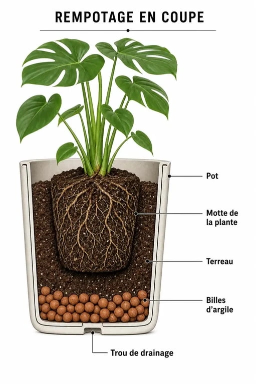Schéma explicatif pour savoir comment rempoter une plante d'intérieur avec succès